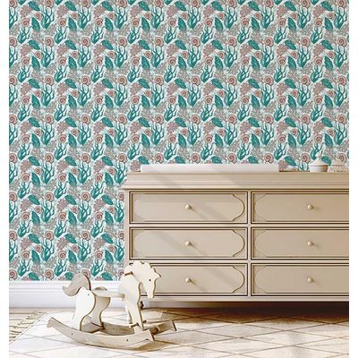 Papel de Parede Autoadesivo Removível Algas e Conchas Subaquáticas Verde — Mural Instantâneo para Banheiro, Lavanderia e Closet - S4Sassy 63,5 cm (L) × 152,4 cm (C) / Verde - Vinil Texturizado