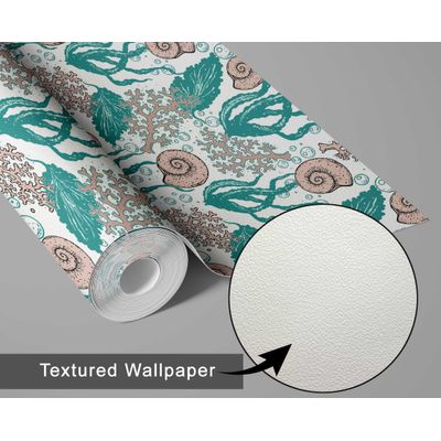 Papel de Parede Autoadesivo Removível Algas e Conchas Subaquáticas Verde — Mural Instantâneo para Banheiro, Lavanderia e Closet - S4Sassy 63,5 cm (L) × 152,4 cm (C) / Verde - Vinil Texturizado