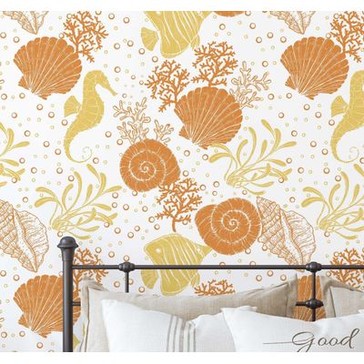 Papel de Parede Autoadesivo para Quarto Infantil Subaquático com Cavalo-Marinho e Conchas Vinil Impermeável Laranja Removível - S4Sassy 63,5 cm (L) × 304,8 cm (C) / Laranja - Vinil Liso