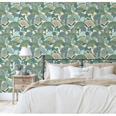 Papel de Parede Autoadesivo Palmeira-Leque Tropical Removível Verde Instantâneo para Quarto, Banheiro, Lavanderia, Closet - S4Sassy 63,5 cm (L) × 152,4 cm (C) / Verde - Vinil Liso