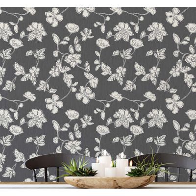 Papel de Parede Autoadesivo e Removível Floral Estilo Esboço, Mural Instantâneo Cinza para Quarto, Banheiro, Lavanderia e Closet - S4Sassy 63,5 cm (L) × 304,8 cm (C) / Cinza - Vinil Texturizado