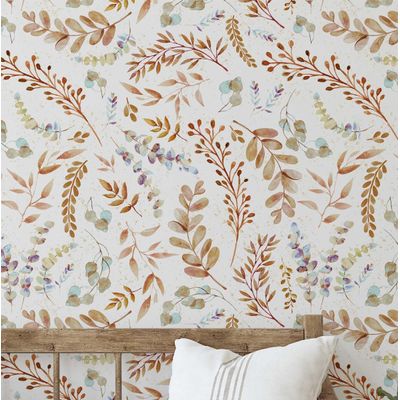 Papel de Parede Folhas Aquareladas Bege Autoadesivo em Vinil, Revestimento Botânico, Decoração DIY para Quarto, Sala e Ambientes - S4Sassy 63,5 cm (L) × 152,4 cm (C) / Bege - Vinil Liso