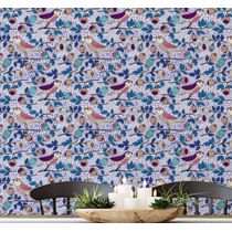 Papel de Parede Autoadesivo Pássaros e Frutas Azul, Vinil Removível DIY, para Parede de Destaque na Entrada, Solução Fácil - S4sassy