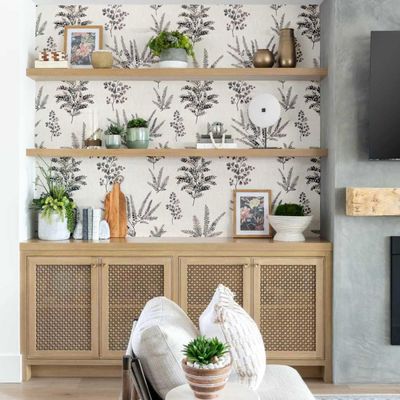 Papel de Parede Autoadesivo Mural com Estampa de Samambaia e Folhagem Cinza, Removível para Paredes, Entrada e Escritório, Solução - S4sassy 63,5 cm (L) × 304,8 cm (C) / Cinza - Vinil Liso