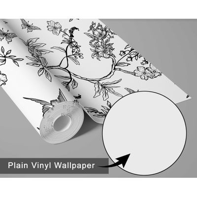 Papel de Parede Autoadesivo Botânico com Pássaros e Flores, Vinil Preto Removível DIY para Parede de Destaque na Entrada - S4sassy 63,5 cm (L) × 304,8 cm (C) / Preto - Vinil Liso