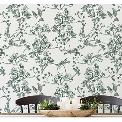 Papel de Parede Autoadesivo Jardim com Pássaros e Libélulas, Verde, Vinil Removível DIY, Papel Contact para Parede de Entrada - S4sassy 63,5 cm (L) × 304,8 cm (C) / Verde - Vinil Liso