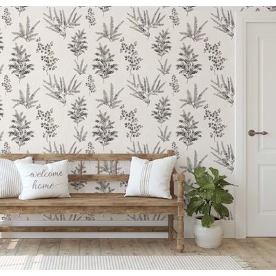 Papel de Parede Autoadesivo Mural com Estampa de Samambaia e Folhagem Cinza, Removível para Paredes, Entrada e Escritório, Solução - S4sassy 63,5 cm (L) × 304,8 cm (C) / Cinza - Vinil Liso