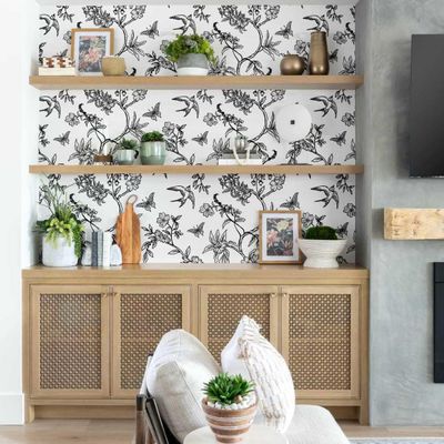 Papel de Parede Autoadesivo Botânico com Pássaros e Flores, Vinil Preto Removível DIY para Parede de Destaque na Entrada - S4sassy 63,5 cm (L) × 304,8 cm (C) / Preto - Vinil Liso