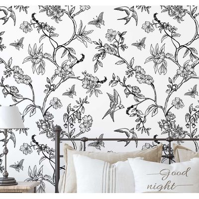 Papel de Parede Autoadesivo Botânico com Pássaros e Flores, Vinil Preto Removível DIY para Parede de Destaque na Entrada - S4sassy 63,5 cm (L) × 304,8 cm (C) / Preto - Vinil Liso