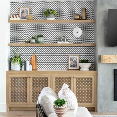Papel de Parede Autoadesivo Vinil Preto Monocromático com Arte de Linhas Geométricas, Removível DIY para Parede de Entrada - S4sassy 63,5 cm (L) × 304,8 cm (C) / Preto - Vinil Liso