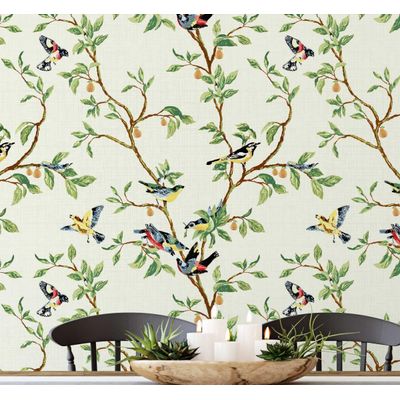 Papel de Parede Autoadesivo Mural Estampa Pássaro Verde e Galho para Parede de Entrada e Decoração de Escritório, Solution - S4sassy 63,5 cm (L) × 609,6 cm (C) / Verde - Vinil Liso