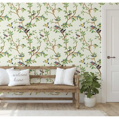 Papel de Parede Autoadesivo Mural Estampa Pássaro Verde e Galho para Parede de Entrada e Decoração de Escritório, Solution - S4sassy 63,5 cm (L) × 609,6 cm (C) / Verde - Vinil Liso