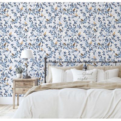 Papel de Parede Monocromático Autoadesivo com Pássaros e Ramos, Vinil Azul Removível DIY para Parede de Entrada, Decoração Fácil - S4Sassy 63,5 cm (L) × 609,6 cm (C) / Azul - Vinil Liso