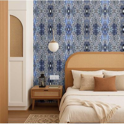 Papel de Parede Boho Autoadesivo com Estampa Tribal, Vinílico À Prova d'Água Azul, Removível para Quarto e Sala - S4sassy 63,5 cm (L) × 304,8 cm (C) / Azul - Vinil Liso