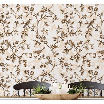 Papel de Parede Autoadesivo Vintage Pássaros e Flores – Revestimento Vinílico Marrom Removível DIY, Papel Contact para Entrada - S4sassy 63,5 cm (L) × 304,8 cm (C) / Marrom - Vinil Liso