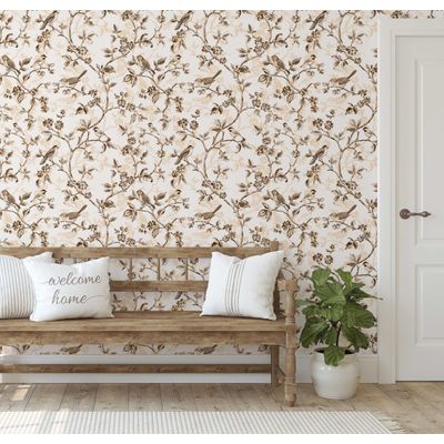 Papel de Parede Autoadesivo Vintage Pássaros e Flores – Revestimento Vinílico Marrom Removível DIY, Papel Contact para Entrada - S4sassy 63,5 cm (L) × 304,8 cm (C) / Marrom - Vinil Liso