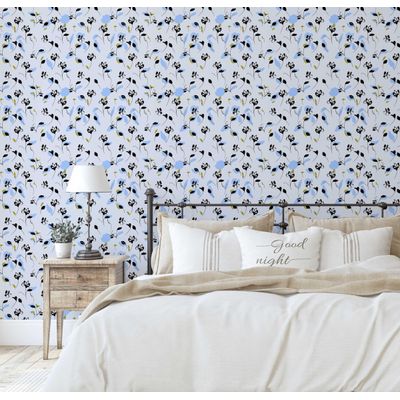 Papel de Parede Autoadesivo com Estampa Floral Artística, Vinil Impermeável Removível, Azul, Ideal para Quarto, Sala e Jantar - S4sassy 63,5 cm (L) × 304,8 cm (C) / Azul - Vinil Liso