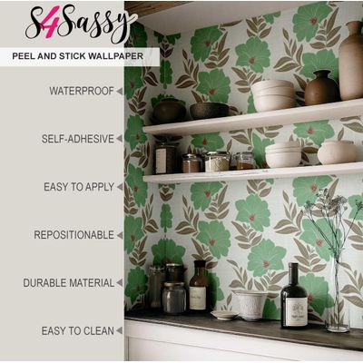 Papel de Parede Autoadesivo Azul com Estampa de Folhagem e Flores, Vinílico Impermeável Removível, Quarto e Sala de Jantar - S4sassy 63,5 cm (L) × 304,8 cm (C) / Verde - Vinil Liso