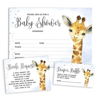 30 Cartões Preenchíveis para Chá de Bebê com Girafa e Animais da Selva, em Branco - Inkdotpot 12,7 Cm × 17,78 Cm / Azul - Conjunto