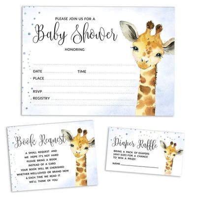 30 Cartões Preenchíveis para Chá de Bebê com Girafa e Animais da Selva, em Branco - Inkdotpot 12,7 Cm × 17,78 Cm / Azul - Conjunto