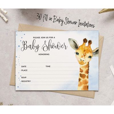 30 Cartões Preenchíveis para Chá de Bebê com Girafa e Animais da Selva, em Branco - Inkdotpot 12,7 Cm × 17,78 Cm / Azul - Conjunto