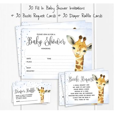 30 Cartões Preenchíveis para Chá de Bebê com Girafa e Animais da Selva, em Branco - Inkdotpot 12,7 Cm × 17,78 Cm / Azul - Conjunto