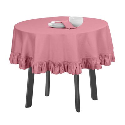 Toalha Redonda de Mesa de Algodão com Babados, Capa Protetora Lisa Lavável Estilo Rústico, Rosa - Vargottam 137,16 Cm – Redondo / Rosa