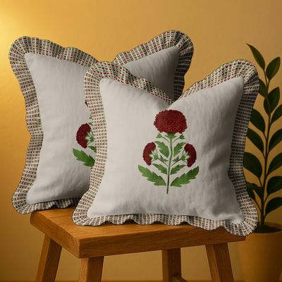 Capas de Almofada com Babado Estilo Farmhouse, Algodão, Jogo com 2, Estampa Floral Frente e Verso, Fecho com Zíper - Vargottam 40,64 Cm × 40,64 Cm – Pacote Com 2 / Bege