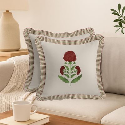Capas de Almofada com Babado Estilo Farmhouse, Algodão, Jogo com 2, Estampa Floral Frente e Verso, Fecho com Zíper - Vargottam 40,64 Cm × 40,64 Cm – Pacote Com 2 / Bege