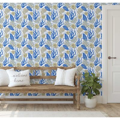 Mural Vinílico Autoadesivo Removível, Algas e Conchas Subaquáticas, Azul para Banheiro, Lavanderia, Armário - S4Sassy 63,5 cm (L) × 304,8 cm (C) / Azul - Vinil Liso