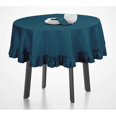 Toalha de Mesa Redonda com Babados para Cozinha e Sala de Jantar, Capa para Tampo de Mesa, Decoração, Algodão Lisa, Azul - Vargottam 137,16 Cm – Redondo / Azul