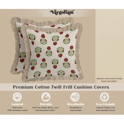 Conjunto de 2 Capas de Almofada Floral, Sarja 100% Algodão, Borda com Babado, Estampa Dupla Face, Zíper Oculto, Sem Enchimento - Vargottam 40,64 Cm × 40,64 Cm – Pacote Com 2 / Bege