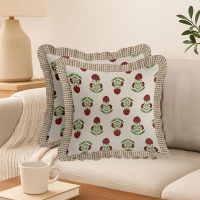 Conjunto de 2 Capas de Almofada Floral, Sarja 100% Algodão, Borda com Babado, Estampa Dupla Face, Zíper Oculto, Sem Enchimento - Vargottam 40,64 Cm × 40,64 Cm – Pacote Com 2 / Bege