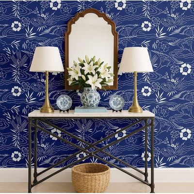 Papel de Parede Botânico Branco, Estilo Asiático, Vinil Autoadesivo Decorativo, Aplicação DIY Fácil para Quartos e Salas, Azul - S4Sassy 63,5 cm (L) × 304,8 cm (C) / Azul - Vinil Liso
