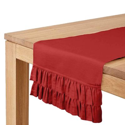 Caminho de Mesa Vermelho Liso em Algodão Slub Lavável com Babado Duplo para Mesa de Jantar - Vargottam 35,56 Cm (L) × 228,6 Cm (C) / Vermelho