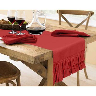 Caminho de Mesa Vermelho Liso em Algodão Slub Lavável com Babado Duplo para Mesa de Jantar - Vargottam 35,56 Cm (L) × 228,6 Cm (C) / Vermelho