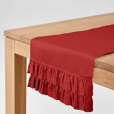 Caminho de Mesa Vermelho Liso em Algodão Slub Lavável com Babado Duplo para Mesa de Jantar - Vargottam 35,56 Cm (L) × 228,6 Cm (C) / Vermelho