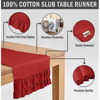 Caminho de Mesa Vermelho Liso em Algodão Slub Lavável com Babado Duplo para Mesa de Jantar - Vargottam 35,56 Cm (L) × 228,6 Cm (C) / Vermelho