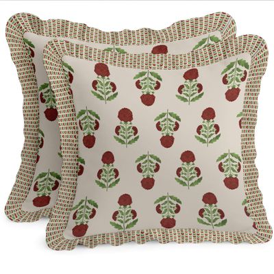 Conjunto de 2 Capas de Almofada Floral, Sarja 100% Algodão, Borda com Babado, Estampa Dupla Face, Zíper Oculto, Sem Enchimento - Vargottam 40,64 Cm × 40,64 Cm – Pacote Com 2 / Bege