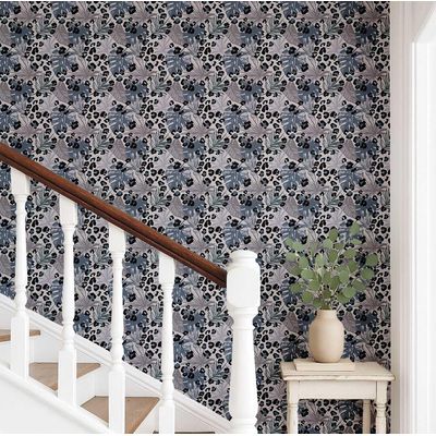 Papel de Parede Folha Tropical com Manchas de Onça, Vinil Autoadesivo Removível para Quarto e Sala - Azul - S4Sassy 63,5 cm (L) × 609,6 cm (C) / Azul - Vinil Liso