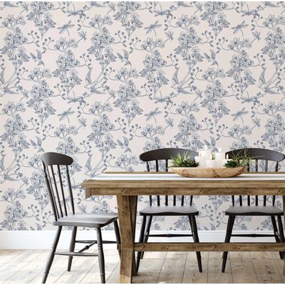 Papel de Parede Autoadesivo Jardim com Pássaros e Libélulas, Vinil Removível Azul para Parede de Entrada, Decoração Fácil - S4sassy 63,5 cm (L) × 152,4 cm (C) / Azul - Vinil Texturizado