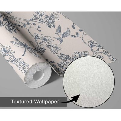 Papel de Parede Autoadesivo Jardim com Pássaros e Libélulas, Vinil Removível Azul para Parede de Entrada, Decoração Fácil - S4sassy 63,5 cm (L) × 152,4 cm (C) / Azul - Vinil Texturizado