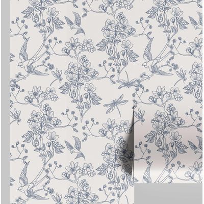 Papel de Parede Autoadesivo Jardim com Pássaros e Libélulas, Vinil Removível Azul para Parede de Entrada, Decoração Fácil - S4sassy 63,5 cm (L) × 152,4 cm (C) / Azul - Vinil Liso