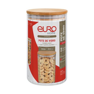 Pote Redondo Canelado Euro Home 850ml Vidro com Bambu