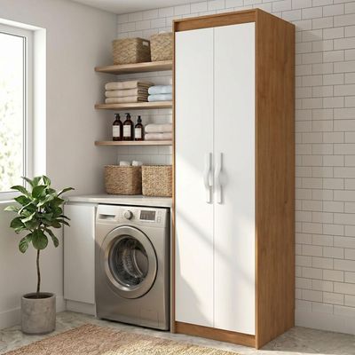 Armário Multiuso Lavanderia Davi 2 Portas 5 Nichos Amêndoa/Branco