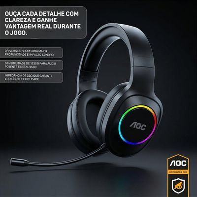 Headset Gamer Sem Fio 2.4G + Bluetooth - RGB, Microfone, Baixa Latência – Preto - AOC