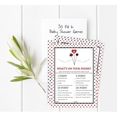 Pacote com 50, Coleção Chá de Bebê Menina: Jogos 'O Que Está no Seu Telefone', Atividades, Decorações e Itens Tema Joaninha - Inkdotpot 12,7 Cm × 17,78 Cm / Branco
