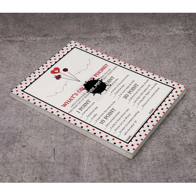Pacote com 50, Coleção Chá de Bebê Menina: Jogos 'O Que Está no Seu Telefone', Atividades, Decorações e Itens Tema Joaninha - Inkdotpot 12,7 Cm × 17,78 Cm / Branco
