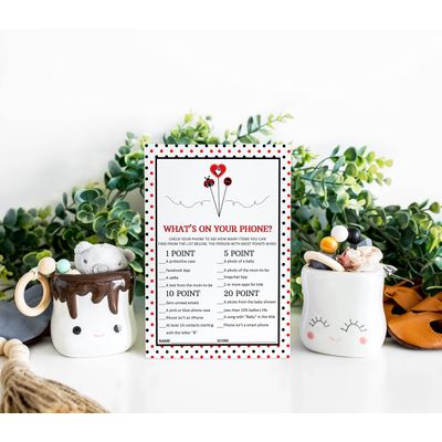Pacote com 50, Coleção Chá de Bebê Menina: Jogos 'O Que Está no Seu Telefone', Atividades, Decorações e Itens Tema Joaninha - Inkdotpot 12,7 Cm × 17,78 Cm / Branco