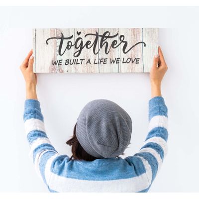 Tela Canvas Esticada com Frase 'Juntos Construímos Uma Vida Que Amamos' Placa Decorativa Rústica Estilo Fazenda Simulada - Inkdotpot 15,24 Cm × 43,18 Cm / Azul